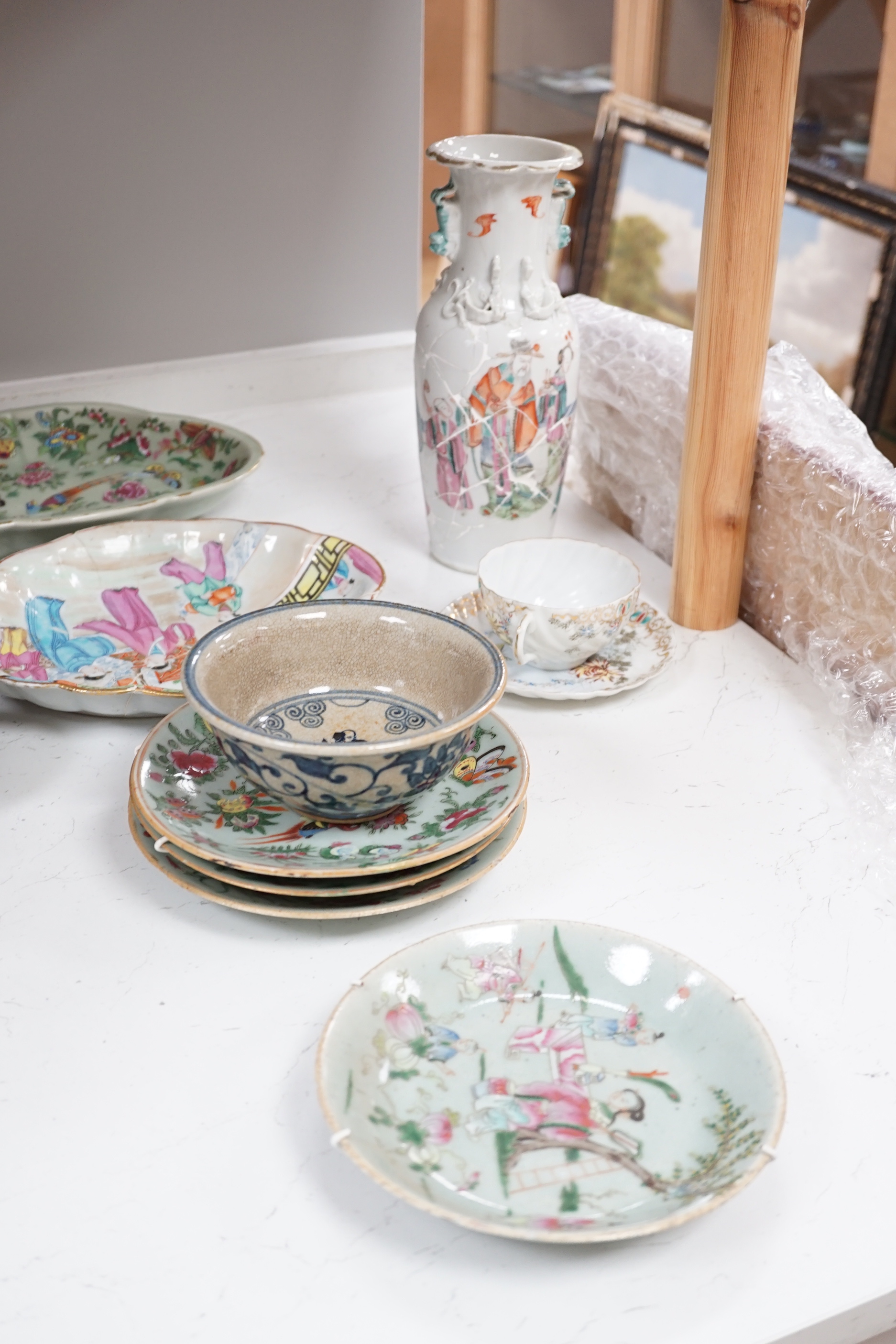 Chinese and Japanese ceramics, including Canton cups and blue and white teabowl, seven various Chinese famille rose dishes, 19th century, a Chinese Yixing teapot and a bronze censer